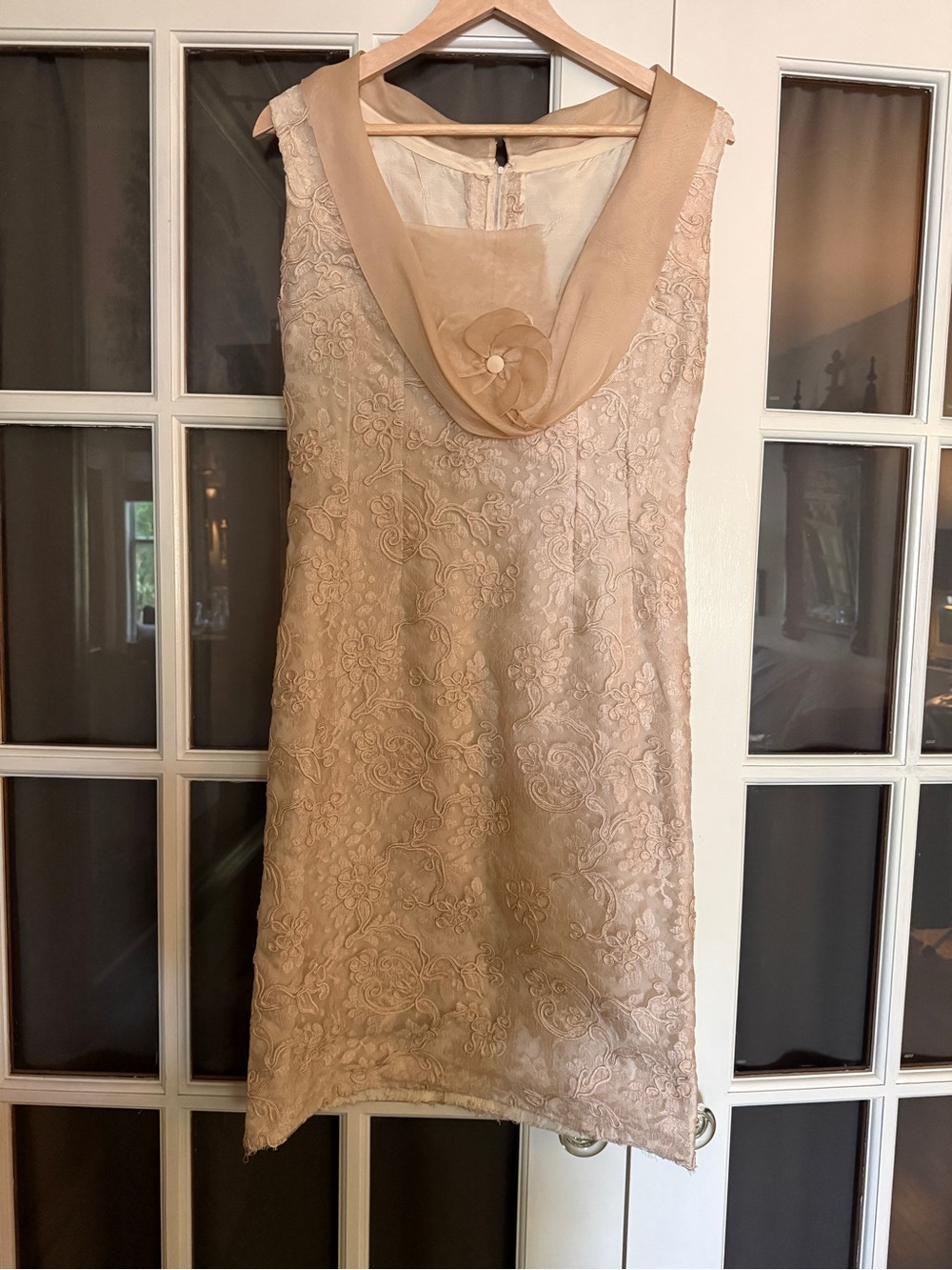 Elegant Parisian Lace Shift Dress in Candlelight with Floral Appliqué